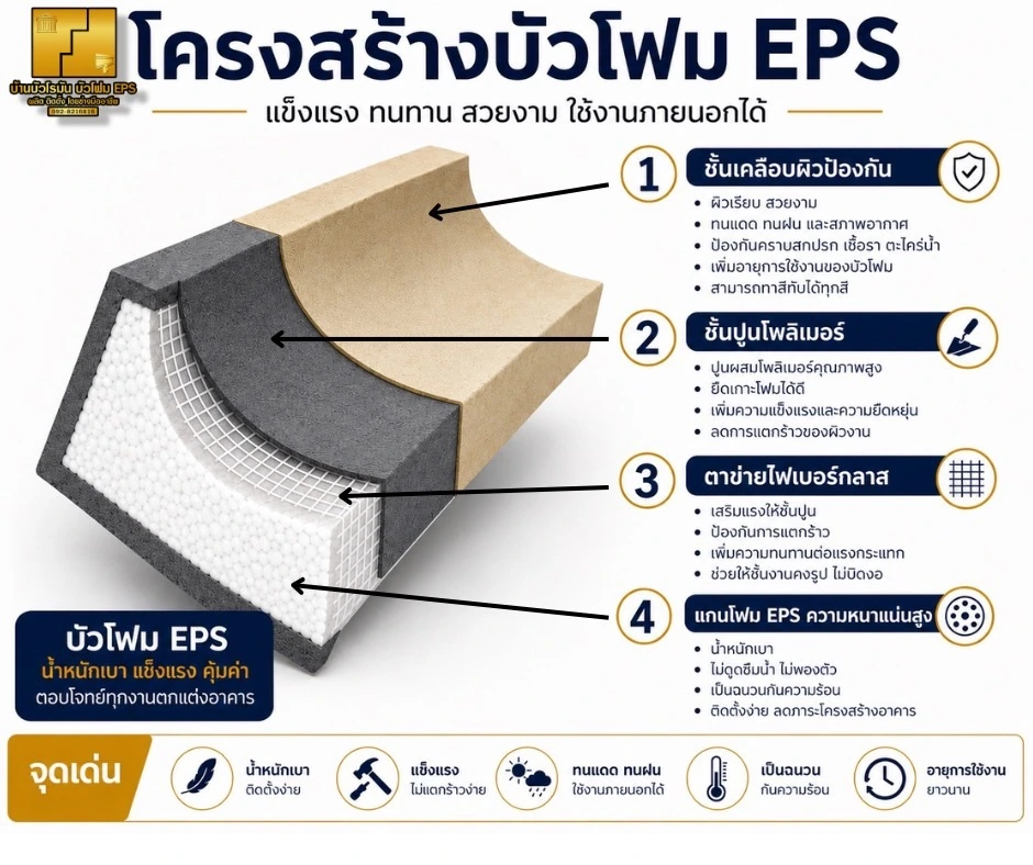 ภาพตัดโครงสร้างบัวโฟม EPS 4 ชั้น จากนอกเข้าใน — ชั้นเคลือบผิวป้องกัน ชั้นปูนโพลิเมอร์ ตาข่ายไฟเบอร์กลาส และแกนโฟม EPS ความหนาแน่นสูง