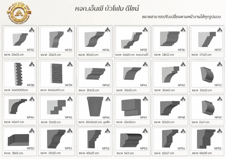 แคตตาล็อกหน้าตัดบัวโฟม EPS NP32–NP55 พร้อมขนาดมาตรฐานของแต่ละรุ่น